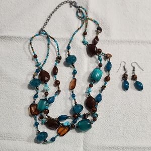 Elegant Blue and Brown Beaded Necklace and Earring Set